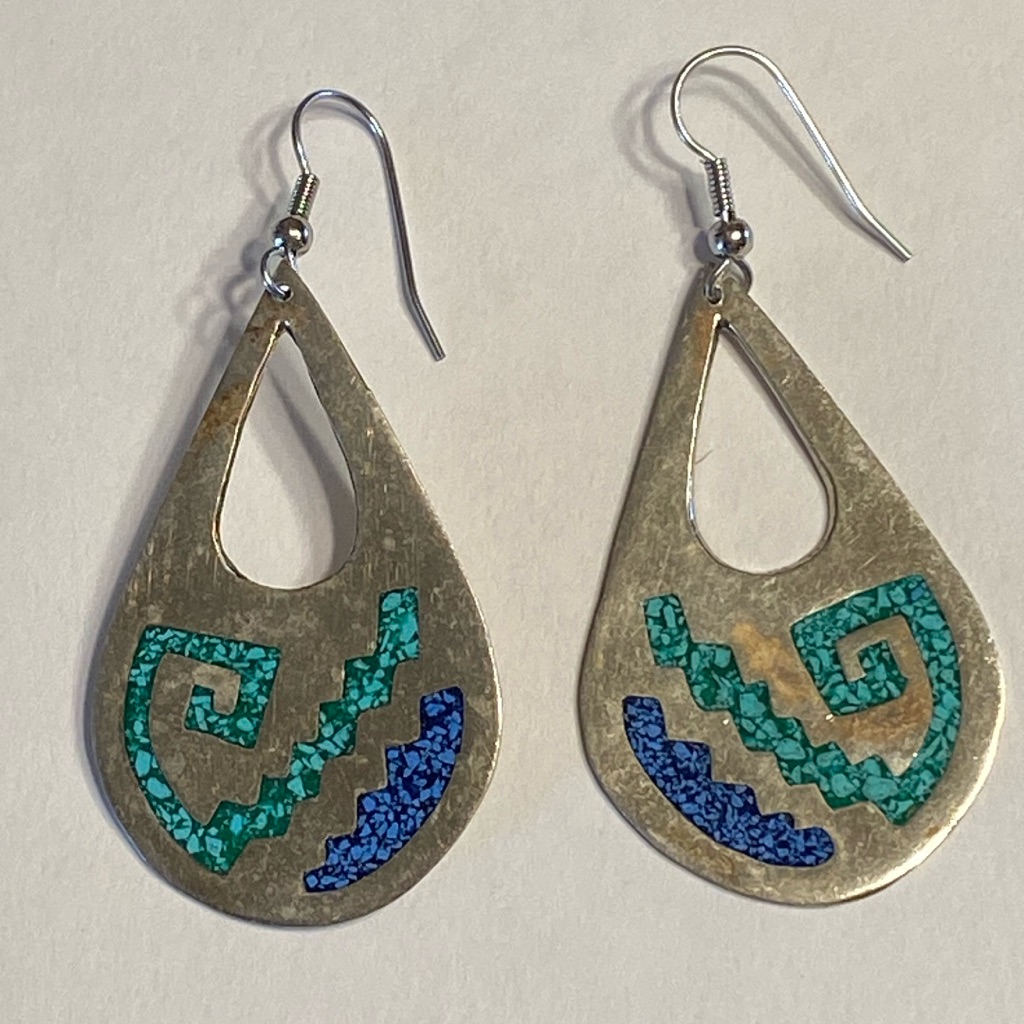 Vintage Alpaca Mexico Silver Tone Stone Inlay Earrings Huge Dangle Earrings